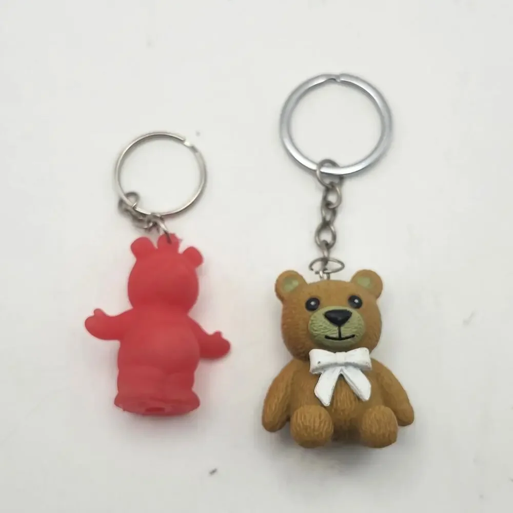 Lot of 2 Teddy Bear Keychain Charms Red Rubber Bear Brown Teddy With White Bow
